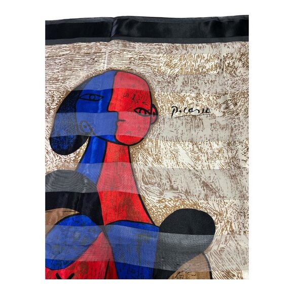 Vintage Picasso-Inspired Silk Scarf – Abstract Woman Print Art Wrap 1980s–1990s - Picture 2 of 8